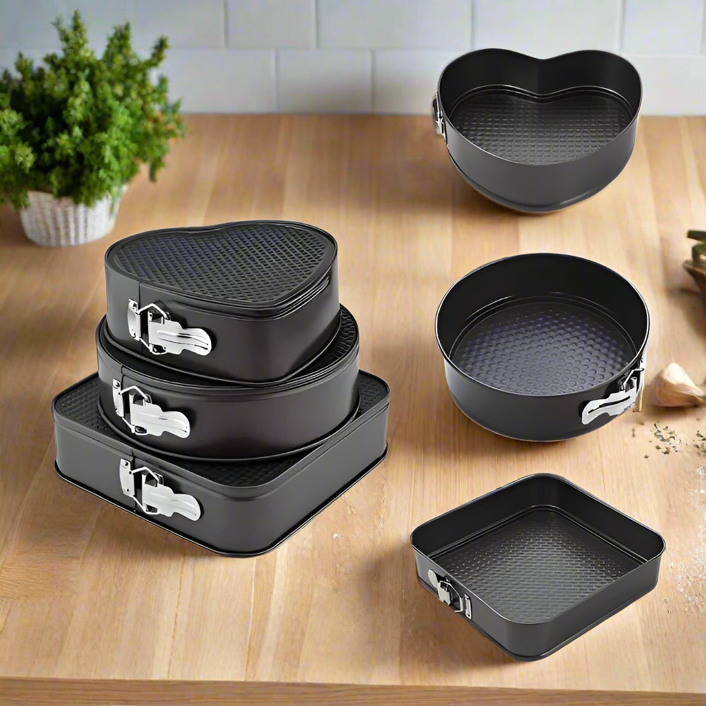 Teflon Coated Spring Form Cake Mould Pan Set Baking Tray Heart, Round, and Square Shape Cake Maker Non-Stick Cake Baking Tray 3 Piece Mould Set