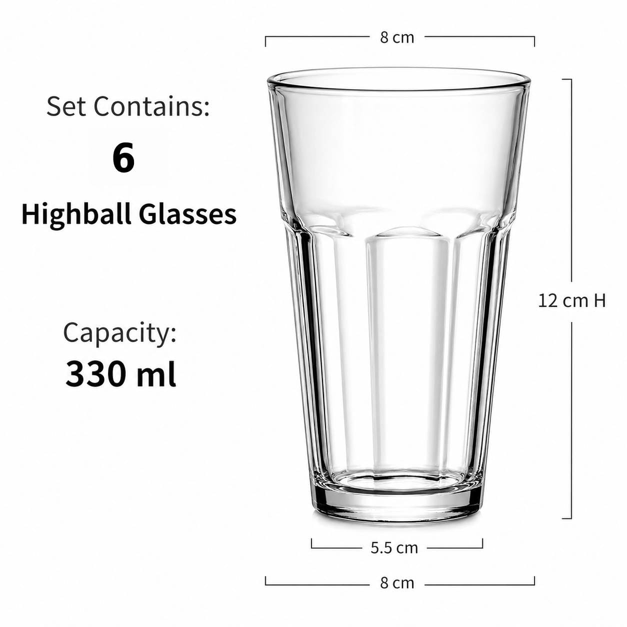 V Bright Highball Drinking Water and Juice Glasses Set of 330 ml, (6 Glass) Water Glass Ribbed Design, 12 cm Height, Cocktail & Mocktail Use, 8 cm Diameter, Stackable Tumblers