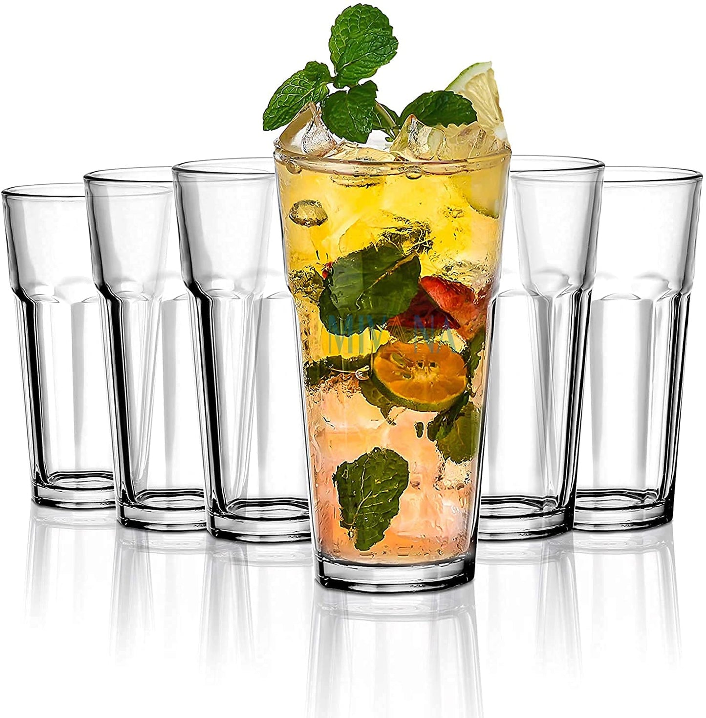 V Bright Highball Drinking Water and Juice Glasses Set of 330 ml, (6 Glass) Water Glass Ribbed Design, 12 cm Height, Cocktail & Mocktail Use, 8 cm Diameter, Stackable Tumblers