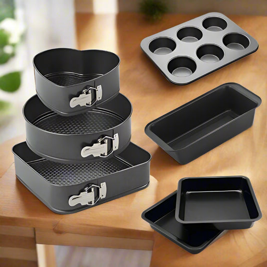 Teflon Coated Combo Carbon Steel Cake Baking Premium Non-Stick Bakeware Set – Spring form Cake Mould, Muffin Tray, Loaf Pan & Square Baking Tray | Heart, Round, and Square Shape Cake | Cake Mould Pan Set
