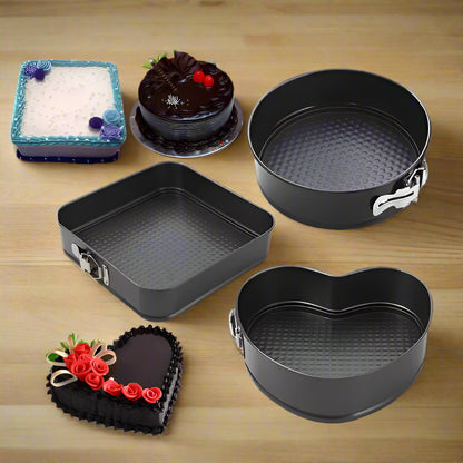 Teflon Coated Spring Form Cake Mould Pan Set Baking Tray Heart, Round, and Square Shape Cake Maker Non-Stick Cake Baking Tray 3 Piece Mould Set