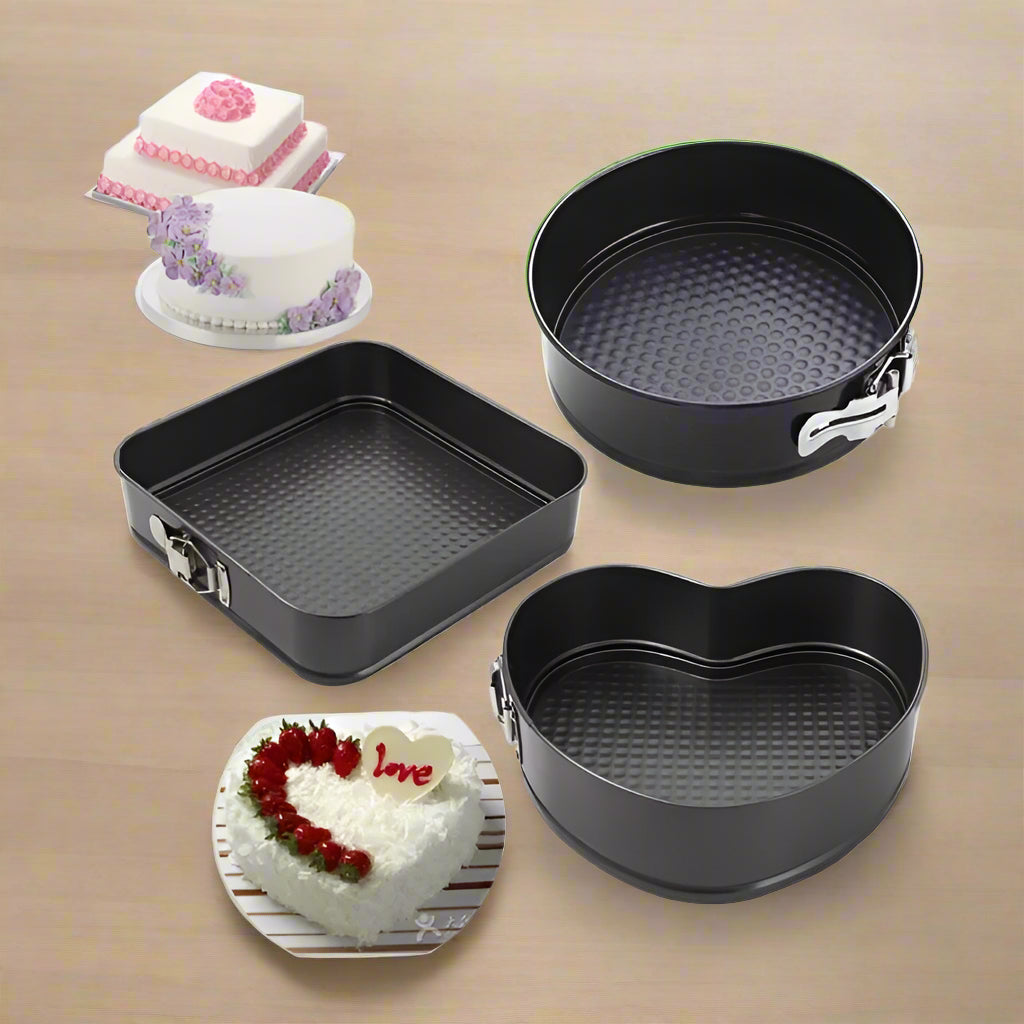 Teflon Coated Spring Form Cake Mould Pan Set Baking Tray Heart, Round, and Square 