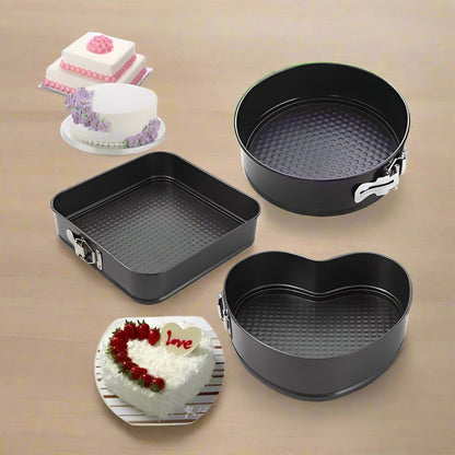 Teflon Coated Spring Form Cake Mould Pan Set Baking Tray Heart, Round, and Square 