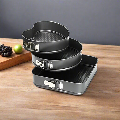 Teflon Coated Spring Form Cake Mould Pan Set Baking Tray Heart, Round, and Square Non-Stick Cake Baking Tray Cake 3 Pcs