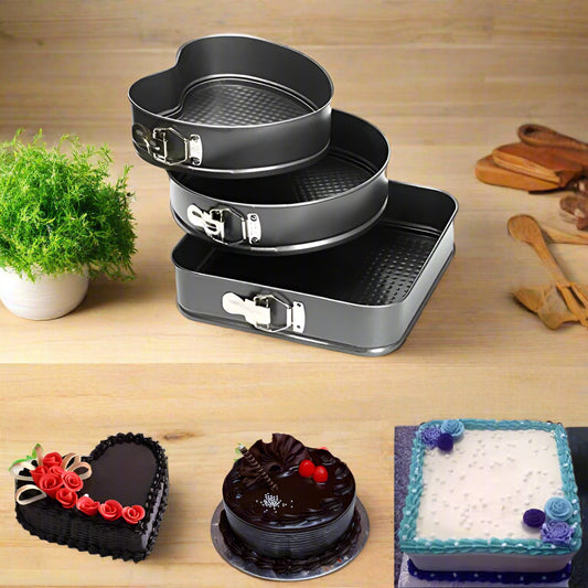 Teflon Coated Spring Form Cake Mould Pan Set Baking Tray Heart, Round, and Square 